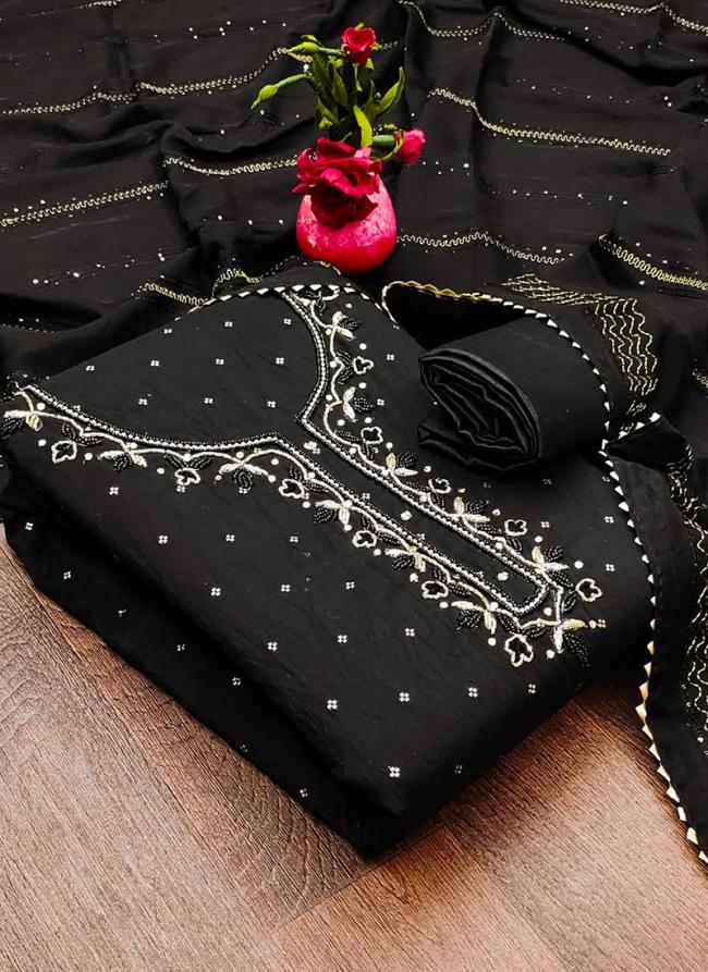 Chanderi Jacquard Black Festival Wear Hand Work Dress Material